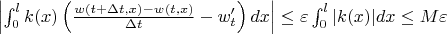 $\left|\int_0^lk(x)\left(\frac{w(t+\Delta t,x)-w(t,x)}{\Delta t}-w'_t\right)dx\right|\le\varepsilon\int_0^l|k(x)|dx\le M\varepsilon$