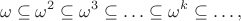 $$\omega\subseteq\omega^2\subseteq\omega^3\subseteq\ldots\subseteq\omega^k\subseteq\ldots,$$