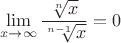 $$\lim\limits_{x \to \infty}\frac{\sqrt[n]{x}}{\sqrt[n-1]{x}} = 0$
