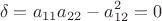 $$ \delta = a_{11}a_{22} - a_{12}^2 = 0$$