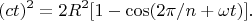 $$
(ct)^2=2R^2[1-\cos(2\pi/n+\omega t)].
$$
