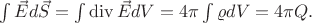 $\int \vec{E} d\vec{S} =\int \operatorname{div}\vec{E} dV = 4\pi\int \varrho dV =  4\pi Q.$