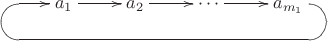$\xymatrix{
&{a_1} \ar[r] & {a_2} \ar[r] & {\cdots} \ar[r] 
& {a_{m_1}} \ar `r[d]`d[l]`[llll]`_r [lll] [lll]
\\
& & & &
}$