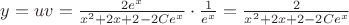 $y=uv = \frac{2e^x}{x^2 + 2x + 2 - 2Ce^{x}} \cdot \frac{1}{e^x} = \frac{2}{x^2 + 2x + 2 - 2Ce^{x}} $