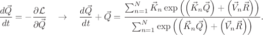 $$
\frac{d \vec{Q}}{d t} = - \frac{\partial \mathcal{L}}{\partial \vec{Q}}
\quad
\to
\quad
\frac{d \vec{Q}}{d t} + \vec{Q} = \frac{\sum_{n = 1}^{N} \vec{K}_{n}
\exp \left( \left(\vec{K}_{n} \vec{Q}\right) + \left(\vec{V}_{n} \vec{R}\right) \right)}{\sum_{n = 1}^{N}
\exp \left( \left(\vec{K}_{n} \vec{Q}\right) + \left(\vec{V}_{n} \vec{R}\right) \right)}.
$$