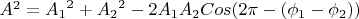 $A^2={A_1}^2+{A_2}^2-2 A_1 A_2 Cos(2\pi-(\phi_1-\phi_2))