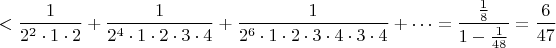 $$<\frac{1}{2^2\cdot 1\cdot 2}+\frac{1}{2^4\cdot 1\cdot 2\cdot 3\cdot 4}+\frac{1}{2^6\cdot 1\cdot 2\cdot 3\cdot 4\cdot 3\cdot 4}+\dots=\frac{\frac{1}{8}}{1-\frac{1}{48}}=\frac{6}{47}$$