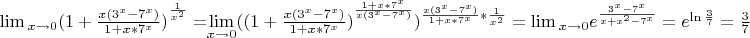 ${\lim_}\limits_{x \to 0}{(1+\frac{x(3^x-7^x)}{1+x*7^x})}^\frac{1}{x^2}=${\lim }\limits_{x \to 0}({(1+\frac{x(3^x-7^x)}{1+x*7^x})}^\frac{1+x*7^x}{x(3^x-7^x)})^{\frac{x(3^x-7^x)}{1+x*7^x}*\frac{1}{x^2}}={\lim_}\limits_{x \to 0}{e^\frac{3^x-7^x}{x+x^2-7^x}}=e^{\ln\frac{3}{7}}=\frac{3}{7}$