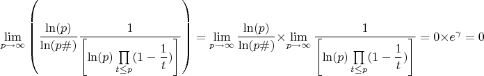 $$\lim\limits_{p\to\infty} \left(\dfrac{\ln(p)}{\ln(p\#)}\dfrac{1}{\left[\ln(p)\prod\limits_{t \le p} (1-\dfrac{1}{t})\right]}\right) = \lim\limits_{p\to\infty} \dfrac{\ln(p)}{\ln(p\#)} \times \lim\limits_{p\to\infty} \dfrac{1}{\left[\ln(p)\prod\limits_{t \le p} (1-\dfrac{1}{t})\right]} = 0 \times e^\gamma = 0$$