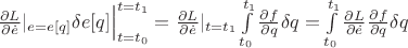 $\frac{\partial L}{\partial\dot{e}}|_{e=e[q]}\delta e[q]\Big|_{t=t_0}^{t=t_1}=\frac{\partial L}{\partial\dot{e}}|_{t=t_1}\int\limits_{t_0}^{t_1}\frac{\partial f}{\partial q}\delta q=\int\limits_{t_0}^{t_1}\frac{\partial L}{\partial\dot{e}}\frac{\partial f}{\partial q}\delta q$