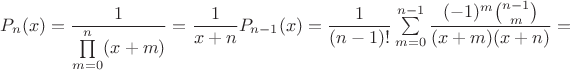 $P_n(x)=\dfrac{1}{\prod\limits_{m=0}^{n} (x+m)}=\dfrac{1}{x+n}P_{n-1}(x)=\dfrac{1}{(n-1)!}\sum\limits_{m=0}^{n-1}\dfrac{(-1)^m \binom{n-1}{m}}{(x+m)(x+n)}=$