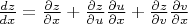 $\frac{dz}{dx}=\frac{\partial z}{\partial x}+\frac{\partial z}{\partial u}\frac{\partial u}{\partial x}+\frac{\partial z}{\partial v}\frac{\partial v}{\partial x}$