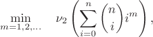 $$\min_{m=1,2,\dots}\quad \nu_2\left( \sum_{i=0}^n \binom{n}{i} i^m \right),$$