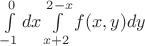 \int\limits_{-1}^{0}dx\int\limits_{x+2}^{2-x}f(x,y)dy