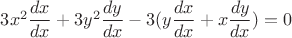 $3x^2\dfrac{dx}{dx}+3y^2\dfrac{dy}{dx}-3(y\dfrac{dx}{dx}+x\dfrac{dy}{dx})=0$