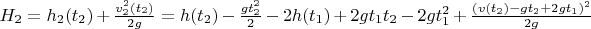 $H_2 = h_2(t_2) + \frac{v_2^2(t_2)}{2g} = h(t_2) - \frac{gt_2^2}{2} - 2h(t_1) + 2gt_1t_2 - 2gt_1^2 + \frac{(v(t_2) - gt_2 + 2gt_1)^2}{2g}$
