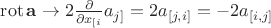 $\operatorname{rot}\mathbf{a}\to 2\tfrac{\partial}{\partial x_{[i}}a_{j]}=2a_{[j,i]}=-2a_{[i,j]}$