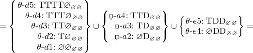 $$
=\left\lbrace\begin{matrix}
\theta\text{-}d5\mathrm{:TTTT\varnothing_\varnothing_\varnothing}\\
~~~\theta\text{-}d4\mathrm{:TTT\varnothing_\varnothing_\varnothing}\\
~~~~~     \theta\text{-}d3\mathrm{:TT\varnothing_\varnothing_\varnothing}\\
~~~~~~~\theta\text{-}d2\mathrm{:T\varnothing_\varnothing_\varnothing}\\
~~~~~~~\theta\text{-}d1\mathrm{:\varnothing\varnothing_\varnothing_\varnothing}
\end{matrix}\right\rbrace\cup\left\lbrace\begin{matrix}
\text{џ-}a4\mathrm{:TTD_\varnothing_\varnothing}\\
~~              \text{џ-}a3\mathrm{:TD_\varnothing_\varnothing}\\
~~       \text{џ-}a2\mathrm{:\varnothing D_\varnothing_\varnothing}\\
\end{matrix}\right\rbrace\cup\left\lbrace\begin{matrix}
\theta\text{-}e5\mathrm{:TDD_\varnothing_\varnothing}\\
\theta\text{-}e4\mathrm{:\varnothing DD_\varnothing_\varnothing}\\
\end{matrix}\right\rbrace=
$$