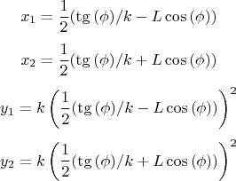$$x_1=\frac {1}{2} (\tg {(\phi)}/k-L \cos {(\phi)})$$
$$x_2=\frac {1}{2} (\tg {(\phi)}/k+L \cos {(\phi)})$$
$$y_1=k \left(\frac {1}{2} (\tg {(\phi)}/k-L \cos {(\phi)})\right)^2$$
$$y_2=k \left(\frac {1}{2} (\tg {(\phi)}/k+L \cos {(\phi)})\right)^2$$