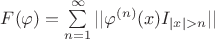 $F(\varphi ) = \sum\limits_{n = 1}^\infty  || \varphi ^{(n)}(x)I_{ |x| > n}  || $