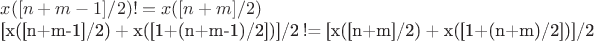 $x([n+m-1]/2) != x([n+m]/2)

[x([n+m-1]/2) + x([1+(n+m-1)/2])]/2 != [x([n+m]/2) + x([1+(n+m)/2])]/2$