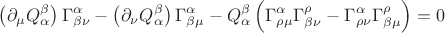 $$
\left( \partial_{\mu} {Q}^{\beta}_{\alpha} \right) {\Gamma}^{\alpha}_{\beta \nu}
- \left( \partial_{\nu} {Q}^{\beta}_{\alpha} \right) {\Gamma}^{\alpha}_{\beta \mu}
- {Q}^{\beta}_{\alpha} \left( \Gamma^{\alpha}_{\rho \mu} \Gamma^{\rho}_{\beta \nu}
-\Gamma^{\alpha}_{\rho \nu} \Gamma^{\rho}_{\beta \mu} \right) = 0
$$