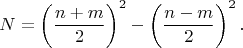 $$N=\left(\frac{n+m}2\right)^2-\left(\frac{n-m}2\right)^2.$$