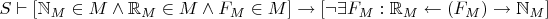 $S \vdash [\mathbb{N}_M \in M \wedge \mathbb{R}_M \in M \wedge F_M \in M] \to [\neg \exists F_M : \mathbb{R}_M \leftarrow (F_M) \to \mathbb{N}_M]$