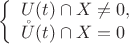 $\left\{ \begin{array}{l}
U(t) \cap X \neq 0,\\
\mathring U(t) \cap X = 0
\end{array} \right$