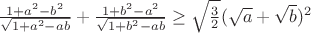 $\frac{1+a^2-b^2}{\sqrt{1+a^2-ab}}+\frac{1+b^2-a^2}{\sqrt{1+b^2-ab}} \ge \sqrt{\frac32}(\sqrt{a}+\sqrt{b})^2$