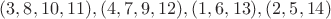 $(3, 8, 10, 11), (4, 7, 9, 12), (1, 6, 13), (2, 5, 14)$