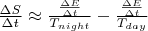 $ \frac{\Delta{S}} {\Delta{t}}     \approx   \frac{\frac{\Delta{E}} {\Delta{t}}}{{{T_{night}}}} - \frac{\frac{\Delta{E}} {\Delta{t}}}{{{T_{day}}}}$