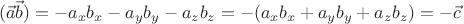 $$(\vec{a} \vec{b})=-a_x b_x- a_y b_y- a_z b_z=-(a_x b_x+ a_y b_y+ a_z b_z)=-\vec{c}$$ $$(\vec{a} \vec{b})=-a_x b_x- a_y b_y- a_z b_z=-(a_x b_x+ a_y b_y+ a_z b_z)=-\vec{c}$$