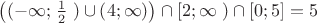 $\[
\left( {\left( { - \infty ;} \right.\frac{1}
{2}\left. {} \right) \cup \left( {4;\infty } \right)} \right) \cap \left[ {2;\infty \left. {} \right) \cap \left[ {0;5} \right] = 5} \right.
\]$