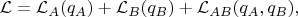 $\mathcal{L}=\mathcal{L}_A(q_A)+\mathcal{L}_B(q_B)+\mathcal{L}_{AB}(q_A,q_B),$