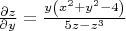 $\frac{\partial z}{\partial y}=\frac{y \left(x^2+y^2-4\right)}{5 z-z^3}$