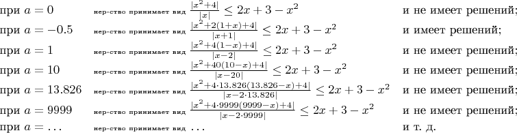 $$\begin{array}{lll}
\mbox{при~} a=0  & \mbox{\tiny нер-ство принимает вид~} \frac{|x^2+4|}{|x|} \le  2x+3-x^2 &\mbox{и не имеет решений};\\

\mbox{при~} a=-0.5  & \mbox{\tiny нер-ство принимает вид~} \frac{|x^2+2(1+x)+4|}{|x+1|} \le  2x+3-x^2 &\mbox{и имеет решений};\\

\mbox{при~} a=1  & \mbox{\tiny нер-ство принимает вид~} \frac{|x^2+4(1-x)+4|}{|x-2|} \le  2x+3-x^2 &\mbox{и не имеет решений};\\

\mbox{при~} a=10  & \mbox{\tiny нер-ство принимает вид~} \frac{|x^2+40(10-x)+4|}{|x-20|} \le  2x+3-x^2 &\mbox{и не имеет решений};\\

\mbox{при~} a=13.826  & \mbox{\tiny нер-ство принимает вид~} \frac{|x^2+4\cdot 13.826(13.826-x)+4|}{|x-2\cdot 13.826|} \le  2x+3-x^2 &\mbox{и не имеет решений};\\

\mbox{при~} a=9999  & \mbox{\tiny нер-ство принимает вид~} \frac{|x^2+4\cdot 9999(9999-x)+4|}{|x-2\cdot 9999|} \le  2x+3-x^2 &\mbox{и не имеет решений};\\

\mbox{при~} a=\ldots  & \mbox{\tiny нер-ство принимает вид~} \ldots &\mbox{и т. д.}
\end{array}$$