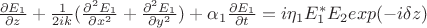 $\frac{\partial E_1}{\partial z}+\frac{1}{2ik}(\frac{\partial^2 E_1}{\partial x^2 }+\frac{\partial^2 E_1}{\partial y^2 })+\alpha_1\frac{\partial E_1}{\partial t}=i \eta_1 E^\ast_1E_2 exp(-i \delta z)$
