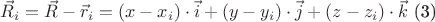 $\vec{R}_{i}=\vec{R}-\vec{r}_{i}=(x-x_{i})\cdot \vec{i}+(y-y_{i})\cdot \vec{j}+(z-z_{i})\cdot \vec{k}$ (3) $\vec{R}_{i}=\vec{R}-\vec{r}_{i}=(x-x_{i})\cdot \vec{i}+(y-y_{i})\cdot \vec{j}+(z-z_{i})\cdot \vec{k}$ (3)