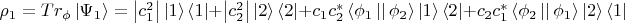 $\rho_{1} = Tr_{\phi} \left\lvert \Psi_{1}\right\rangle = \left\lvert c_{1}^{2}\right\rvert \left\lvert 1 \right\rangle \left\langle 1 \right\rvert  + \left\lvert c_{2}^{2}\right\rvert \left\lvert 2 \right\rangle \left\langle 2 \right\rvert + c_{1}c_{2}^{*}\left\langle \phi_{1} \left\lvert\right\rvert \phi_{2}\right\rangle\left\lvert 1\right\rangle \left\langle 2 \right\rvert + c_{2}c_{1}^{*}\left\langle \phi_{2} \left\lvert\right\rvert \phi_{1}\right\rangle\left\lvert 2\right\rangle \left\langle 1 \right\rvert$