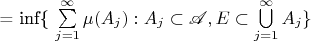 = inf\{ \sum\limits_{j=1}^\infty \mu(A_j): A_j \subset \mathscr A, E \subset \bigcup\limits_{j=1}^\infty A_j\}