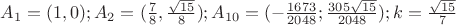 $A_1=(1,0); A_2=(\frac 7 8, \frac{\sqrt{15}}8); A_{10}=(-\frac{1673}{2048};\frac{305\sqrt{15}}{2048}); k=\frac{\sqrt{15}}7$