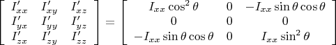 $\left [ \begin {array} {ccc} I'_{xx} & I'_{xy} & I'_{xz} \\ I'_{yx} & I'_{yy} & I'_{yz} \\  I'_{zx} & I'_{zy} & I'_{zz} \end{array} \right]= \left [ \begin {array} {ccc} I_{xx}\cos^2 \theta & 0 & -I_{xx}\sin \theta \cos \theta \\ 0 & 0 & 0 \\  -I_{xx}\sin \theta \cos \theta & 0 & I_{xx} \sin^2 \theta \end{array} \right]$