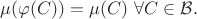 $\mu(\varphi(C))=\mu(C) \ \forall C \in \mathcal{B}.$