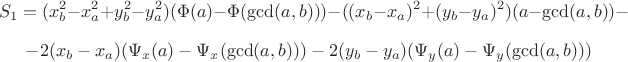 $$S_1=(x_b^2-x_a^2+y_b^2-y_a^2)(\Phi(a)-\Phi(\gcd(a,b)))-((x_b-x_a)^2+(y_b-y_a)^2)(a-\gcd(a,b))-$$ $$-2(x_b-x_a)(\Psi_x(a)-\Psi_x(\gcd(a,b)))-2(y_b-y_a)(\Psi_y(a)-\Psi_y(\gcd(a,b)))$$