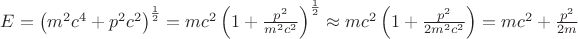 $E=\left(m^2c^4+p^2c^2\right)^\frac{1}{2} = mc^2\left(1+\frac{p^2}{m^2c^2}\right)^\frac{1}{2} \approx mc^2\left(1+\frac{p^2}{2m^2c^2}\right) = mc^2 + \frac{p^2}{2m} $