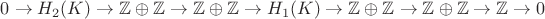 $0\to H_2(K)\to \mathbb{Z}\oplus \mathbb{Z}\to \mathbb{Z}\oplus \mathbb{Z}\to H_1(K)\to \mathbb{Z}\oplus \mathbb{Z}\to \mathbb{Z}\oplus \mathbb{Z} \to \mathbb{Z} \to 0$