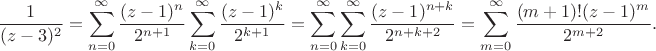 $$\frac{1}{(z-3)^2}=\sum_{n=0}^\infty\frac{(z-1)^n}{2^{n+1}}\sum_{k=0}^\infty\frac{(z-1)^k}{2^{k+1}}=\sum_{n=0}^\infty\sum_{k=0}^\infty\frac{(z-1)^{n+k}}{2^{n+k+2}}=\sum_{m=0}^\infty\frac{(m+1)!(z-1)^{m}}{2^{m+2}}.$$