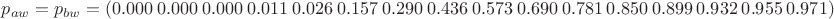 $p_{aw}=p_{bw}=(0.000\ 0.000\ 0.000\ 0.011\ 0.026\ 0.157\ 0.290\ 0.436\ 0.573\ 0.690\ 0.781\ 0.850\ 0.899\ 0.932\ 0.955\ 0.971)$ $p_{aw}=p_{bw}=(0.000\ 0.000\ 0.000\ 0.011\ 0.026\ 0.157\ 0.290\ 0.436\ 0.573\ 0.690\ 0.781\ 0.850\ 0.899\ 0.932\ 0.955\ 0.971)$