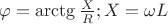 $\varphi = \arctg\frac{X}{R} ;X = \omega L $